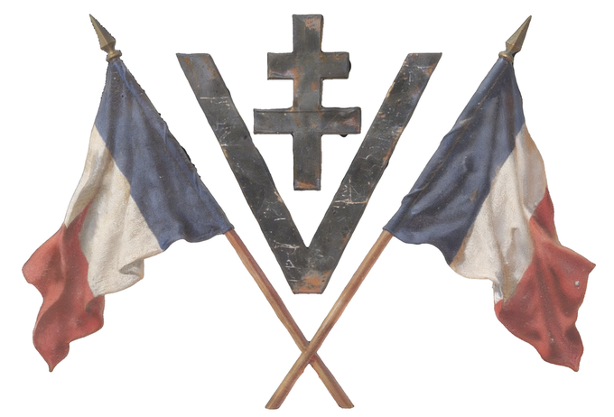 Tricolour flags, V for victory, and the Cross of Lorraine