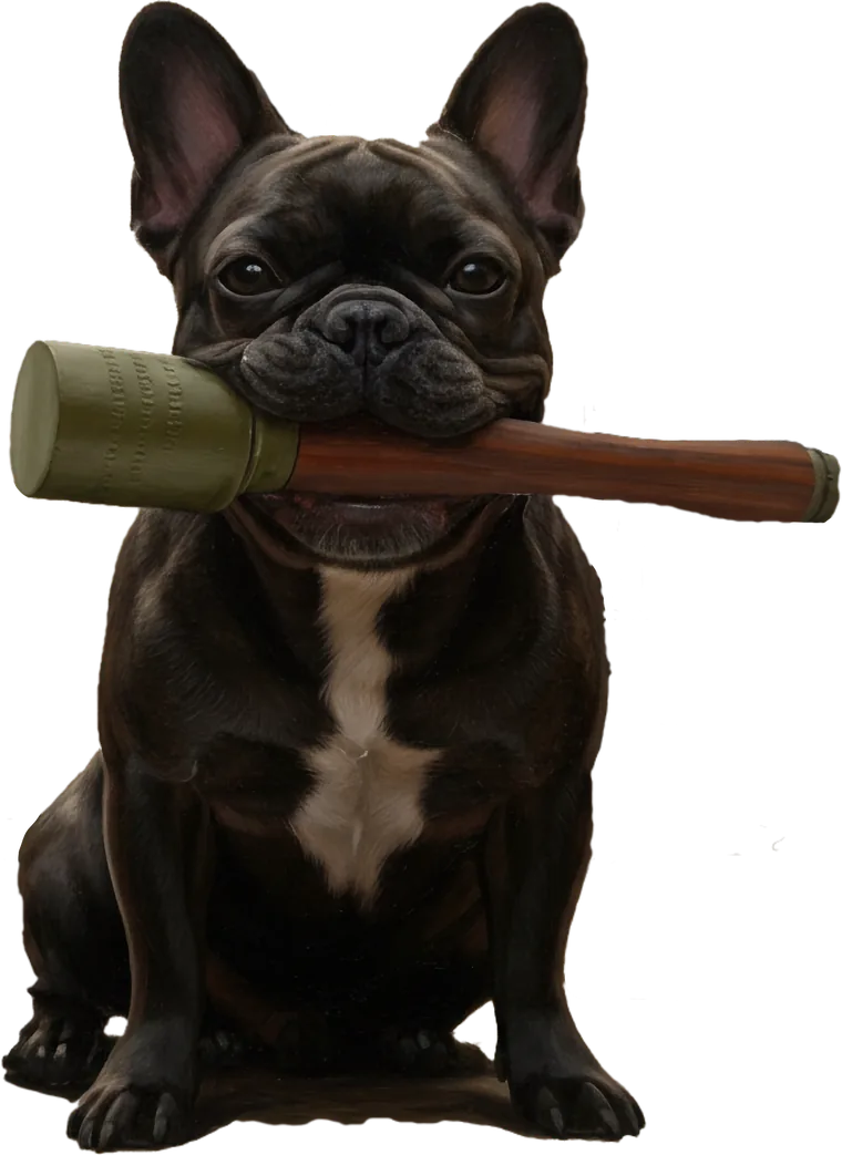 Robespierre, a French Bulldog, carrying a stick grenade